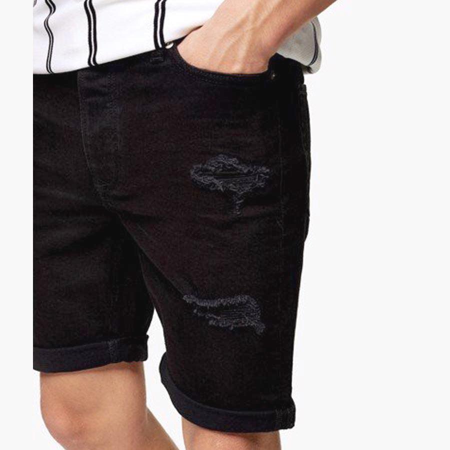 Premium Quality Black Denim Stretch Ripped Short For Men (TM-11428) - Brands River