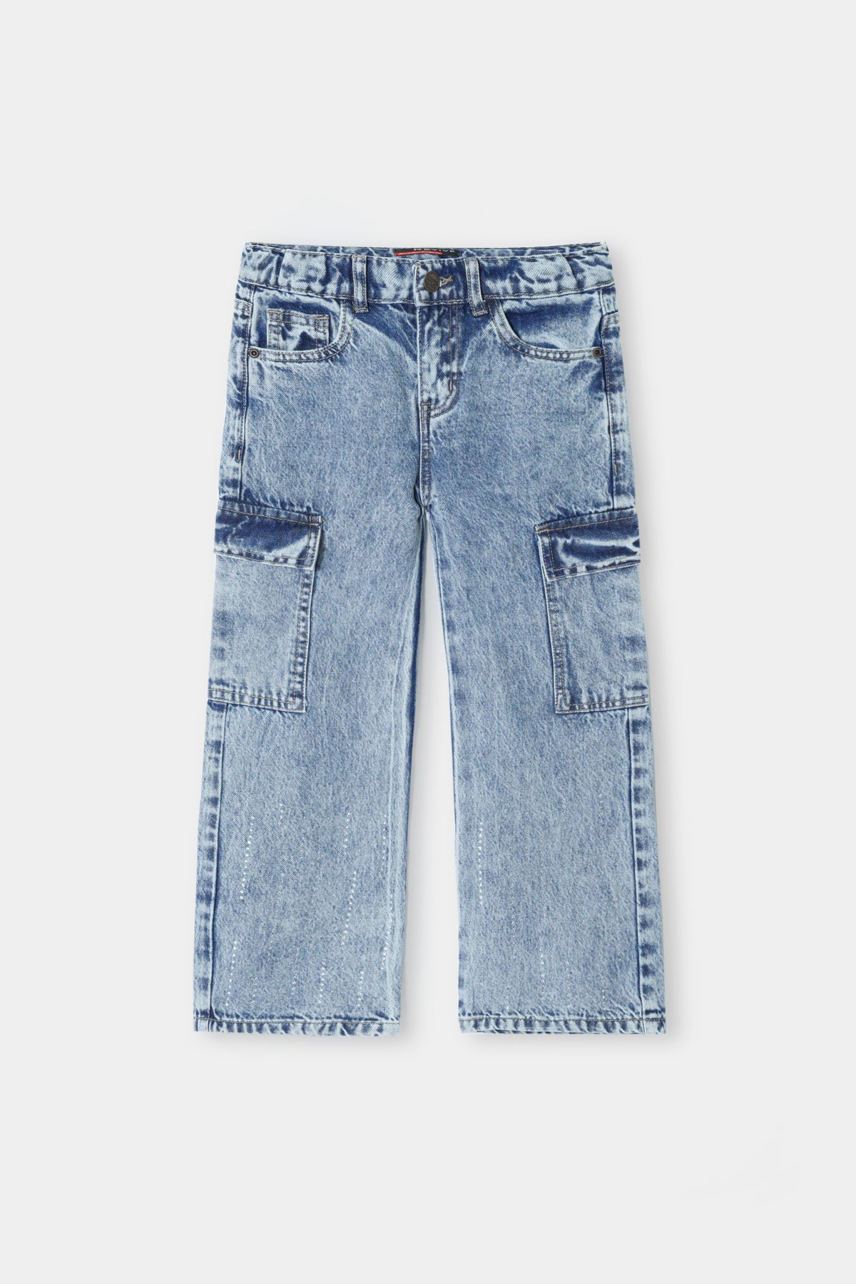 Girls Acid Wash Blue Cargo Jeans with Rhinestone Detailing on Bottom