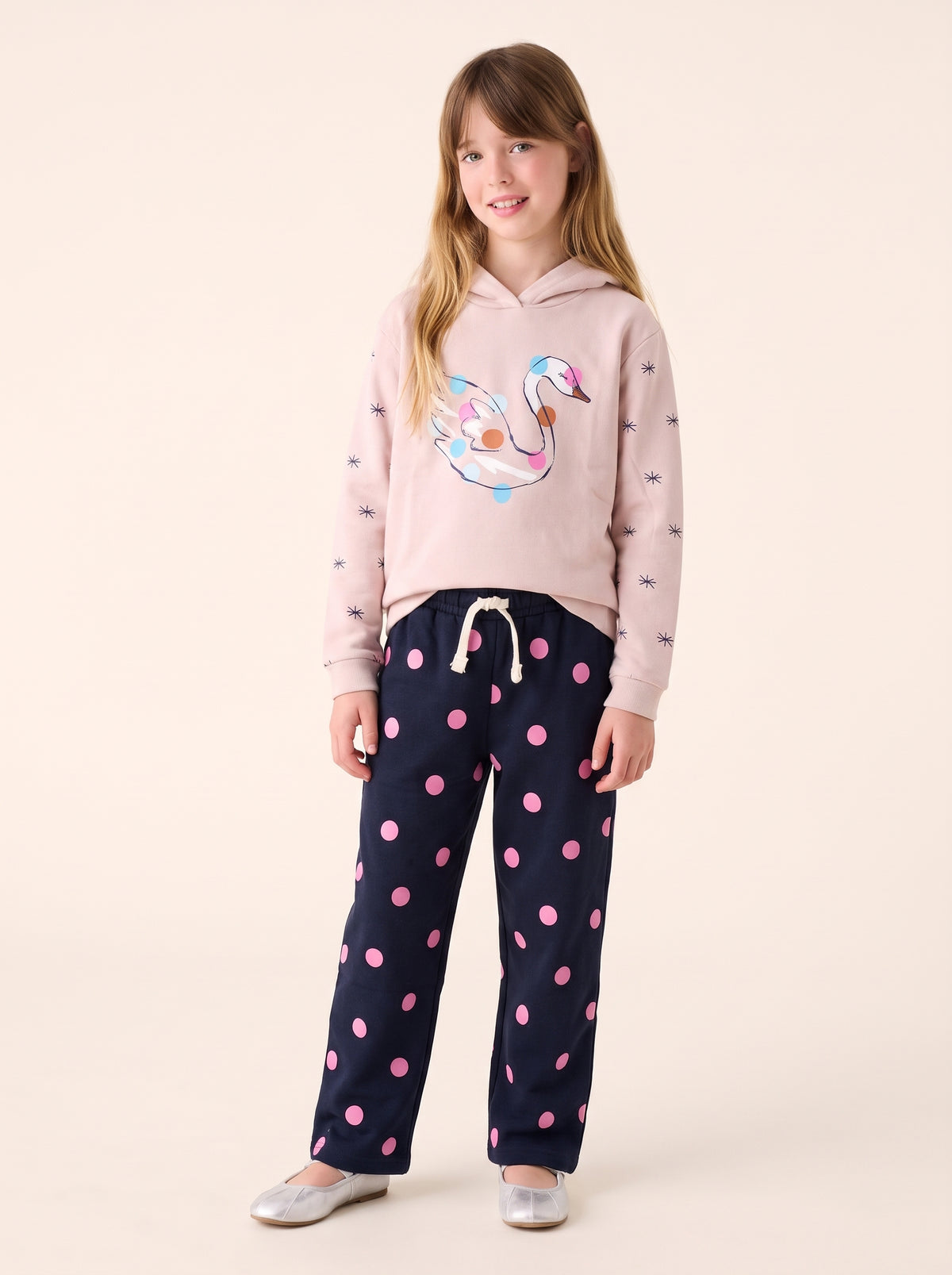 Premium Quality " Swan" Printed Hoodie Suit With Polka Dot Trouser for Kids
