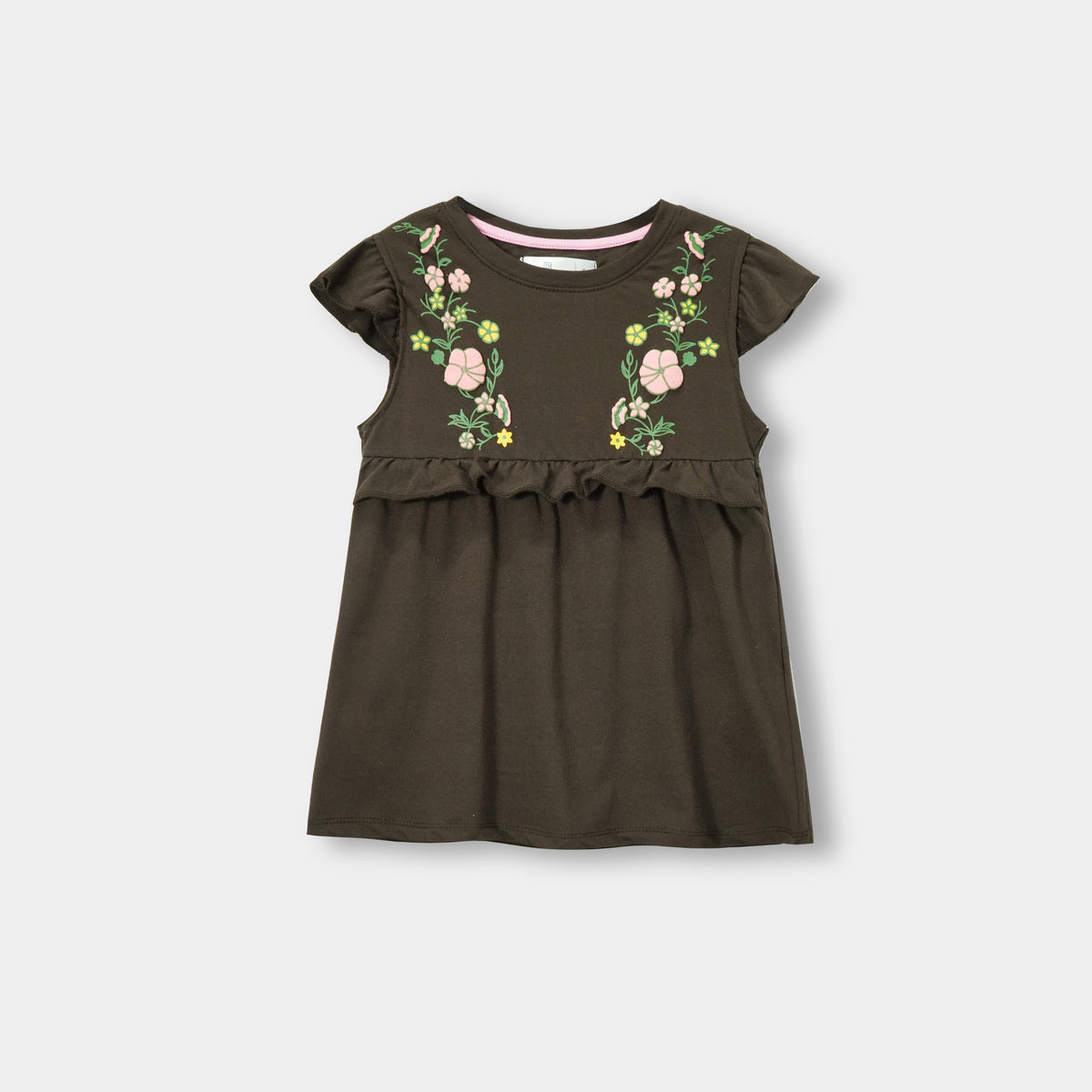 Girls Premium Quality Floral Printed Brown Frock