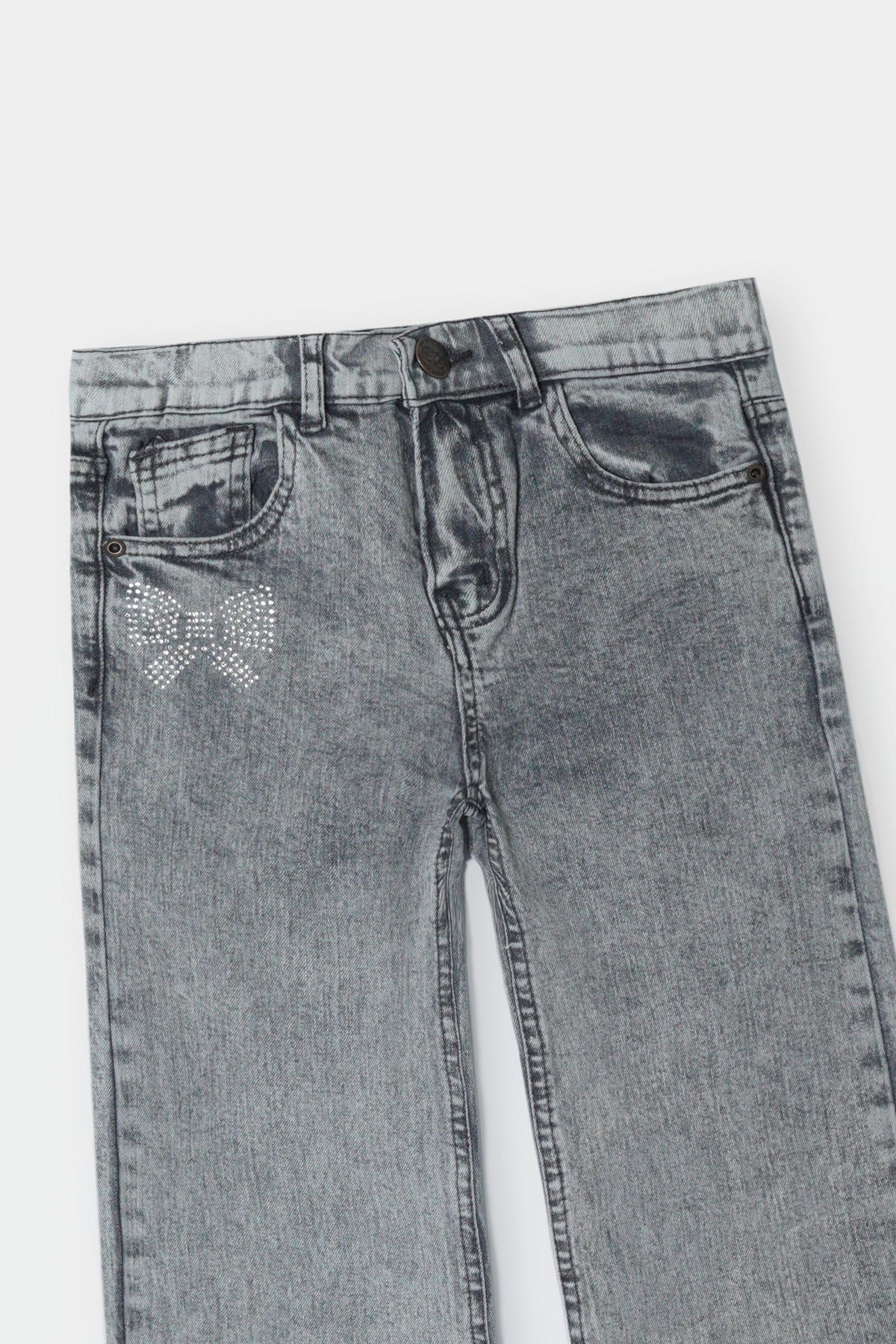 Girls Acid Wash Grey Straight Fit Pants with Rhinestone Bow Detailing