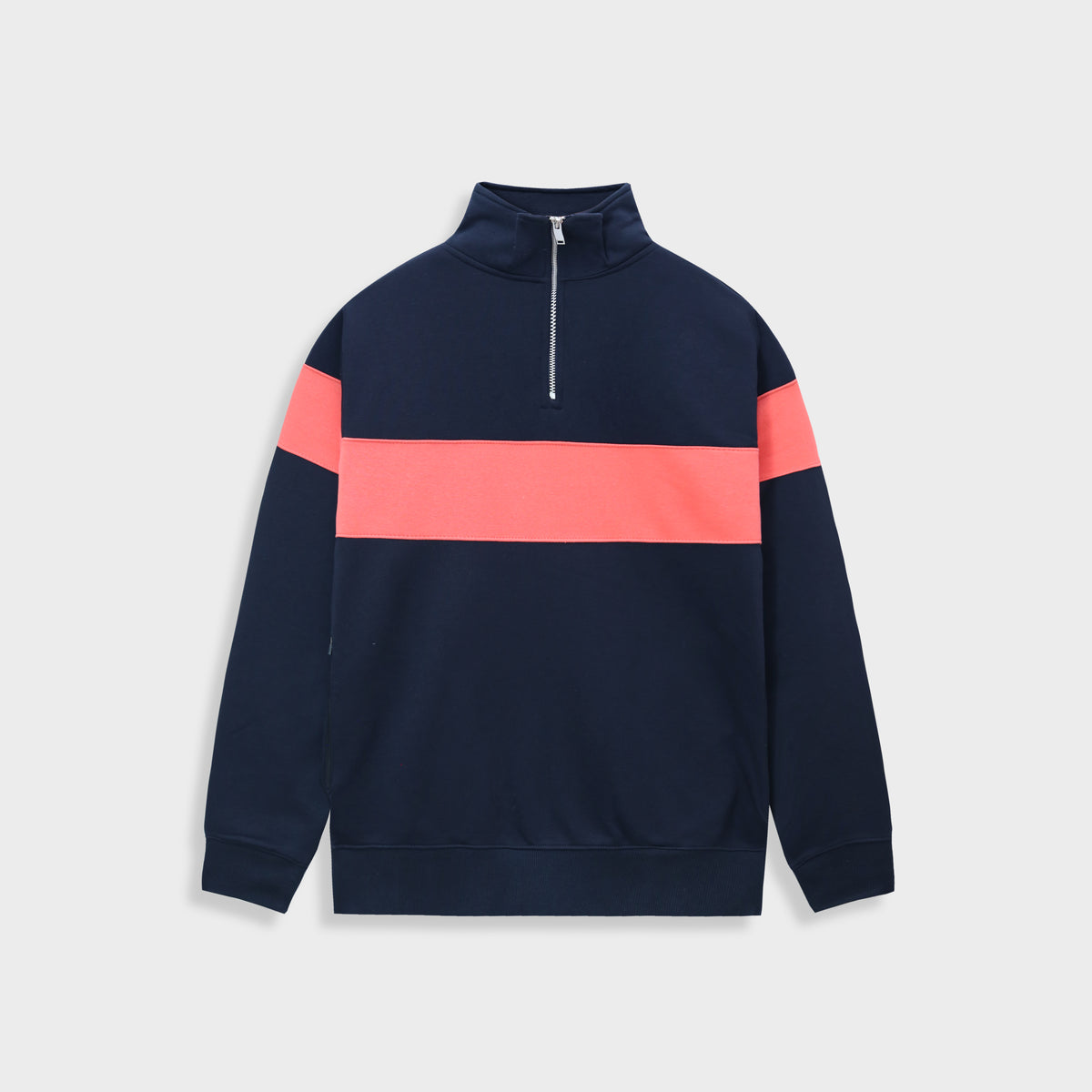 Men Half Zipper Mock Neck Navy Pastel Red Fleece Sweatshirt