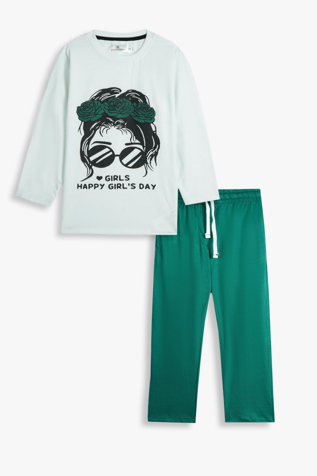 Premium Quailty &quot;Happy Girl,s Day&quot; Printed Full Sleeves Summer suit with Green Trouser