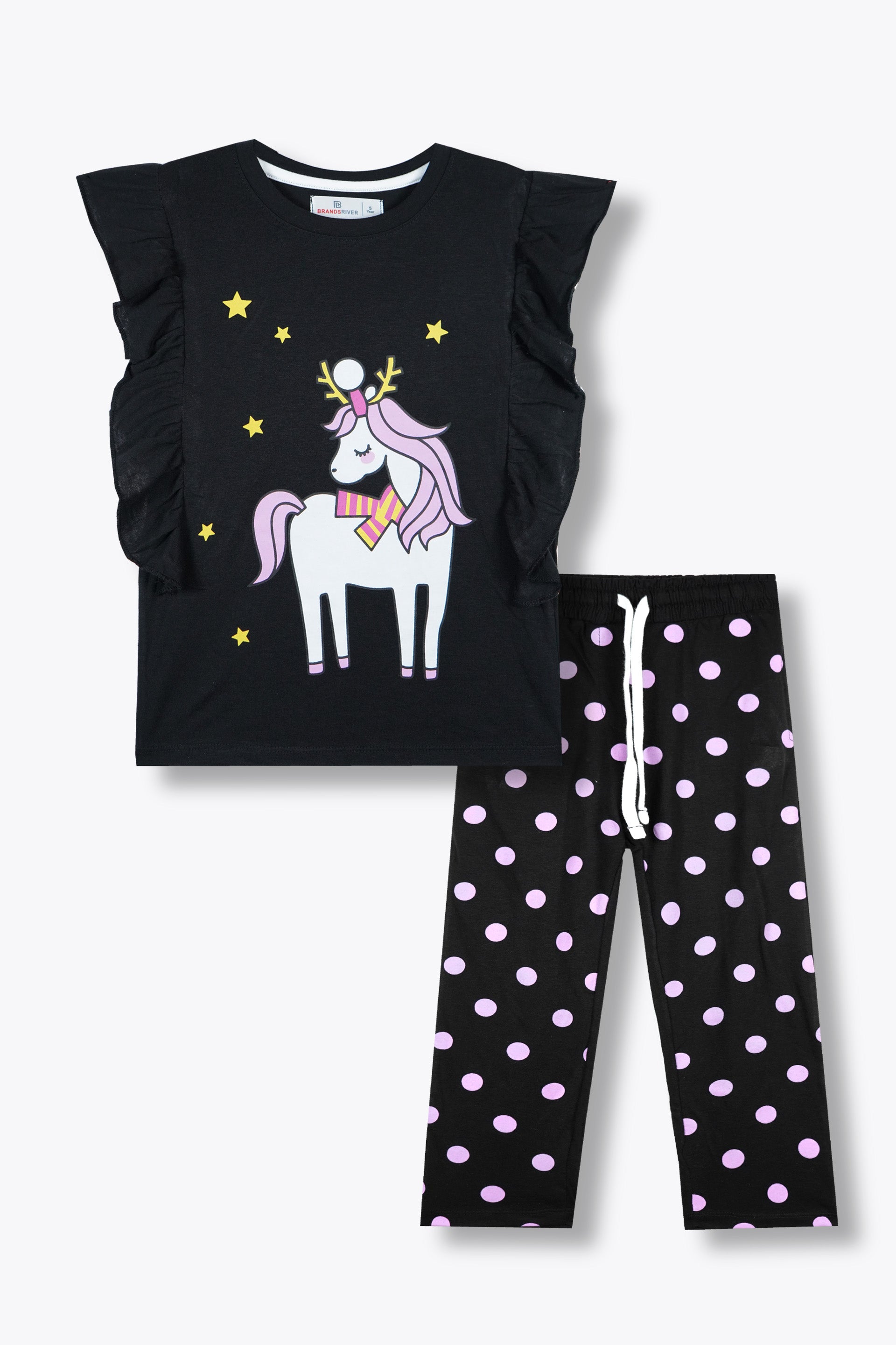 "Unicorn" Printed Girls Summer Suit with Black Polka Dot Trousers (Minor Fault)