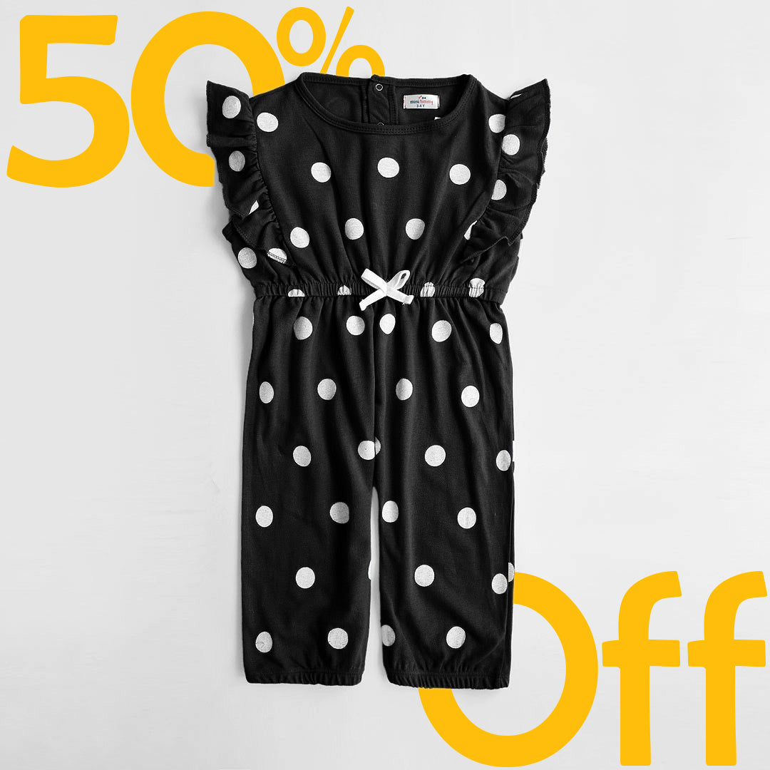 Girls Fashion All Over Polka Dots Printed Soft Cotton Black Frill Jumpsuit