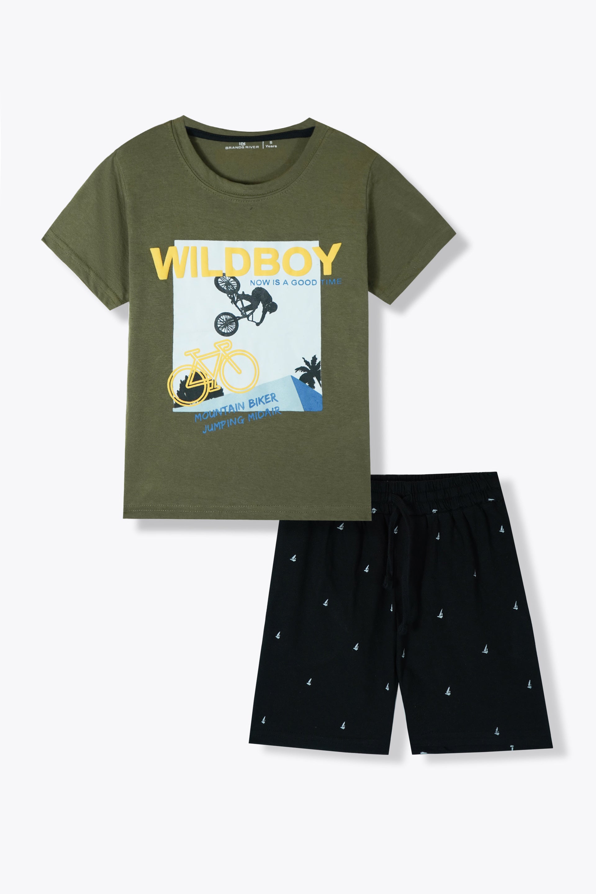 "Wild Boy" Printed Green Summer Suit with Black Shorts for Boys