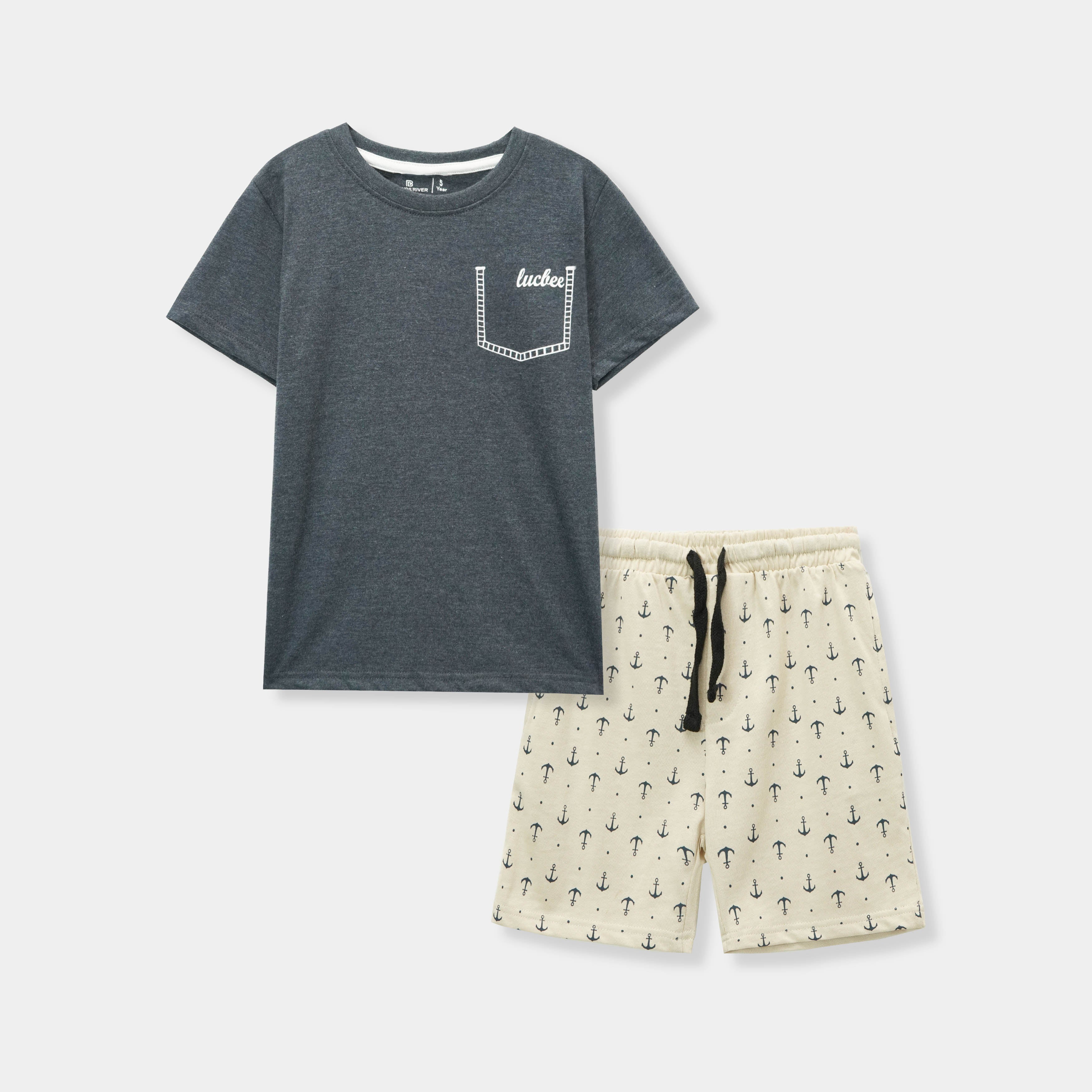 Boys Charcoal summer suit with" lucbee pocket" print and Beige Printed Shorts
