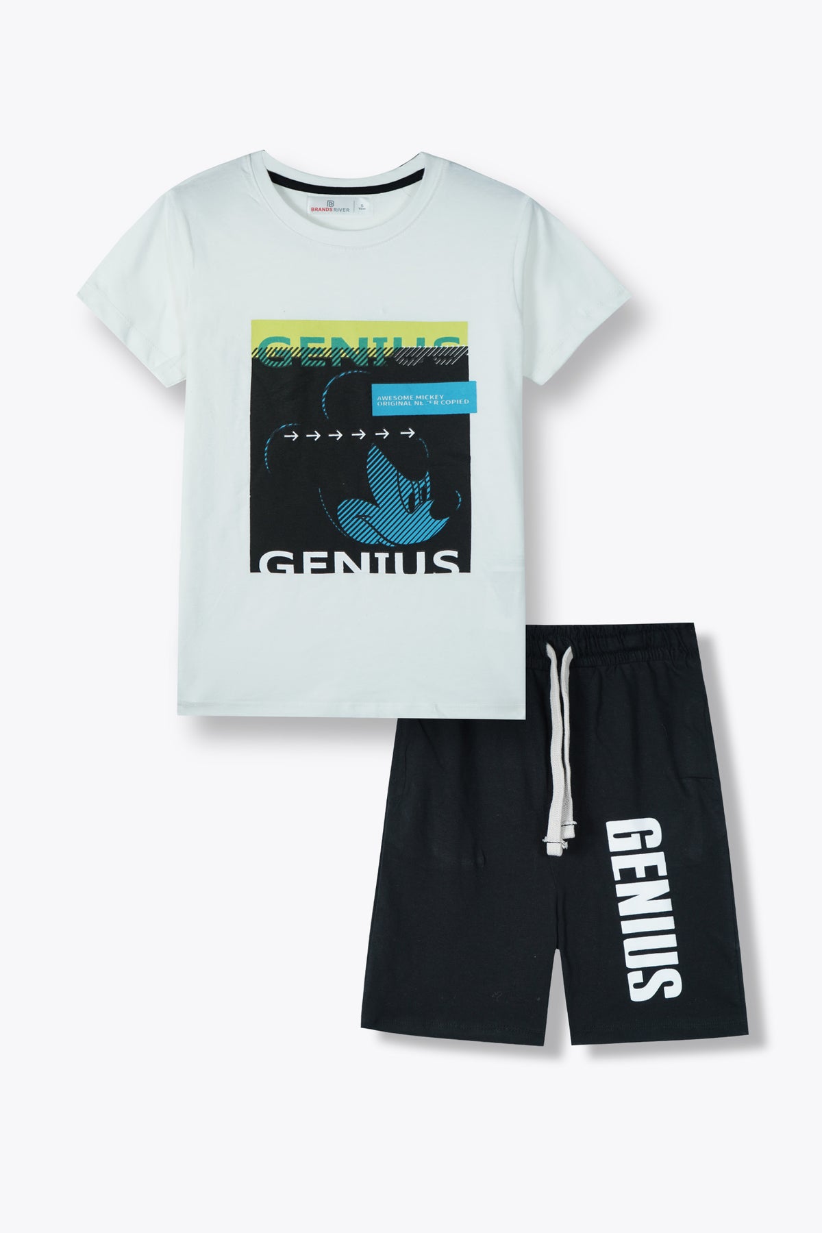 Premium Quality Boys &quot;Genius&quot; Printed Boys Summer Suit with Black Shorts