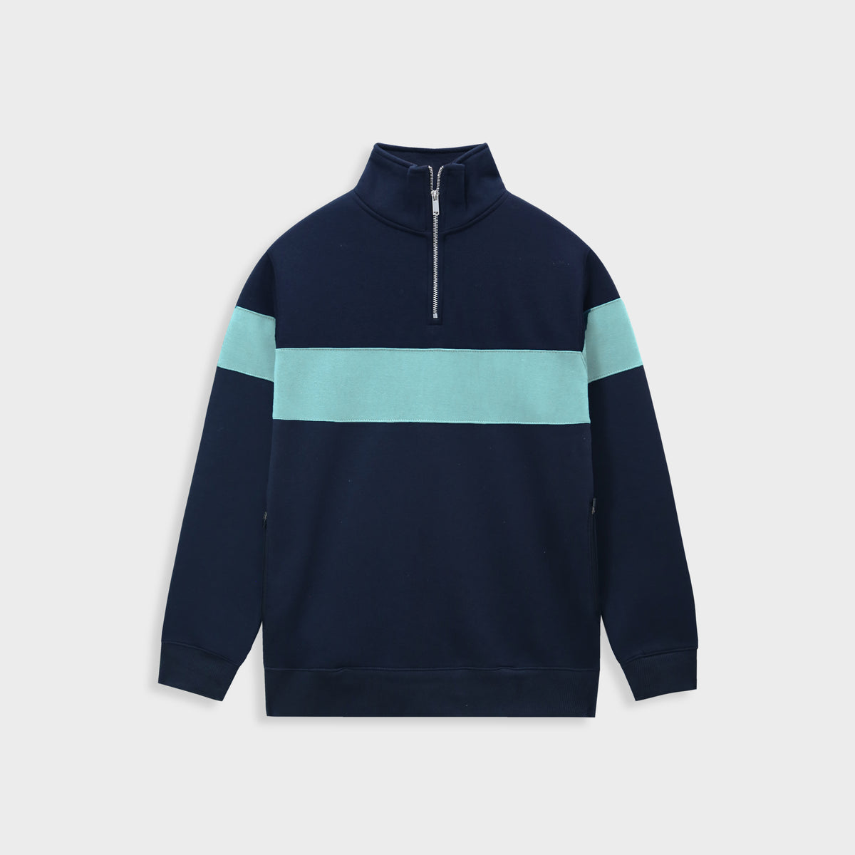 Men Half Zipper Mock Neck Navy Aqua Fleece Sweatshirt