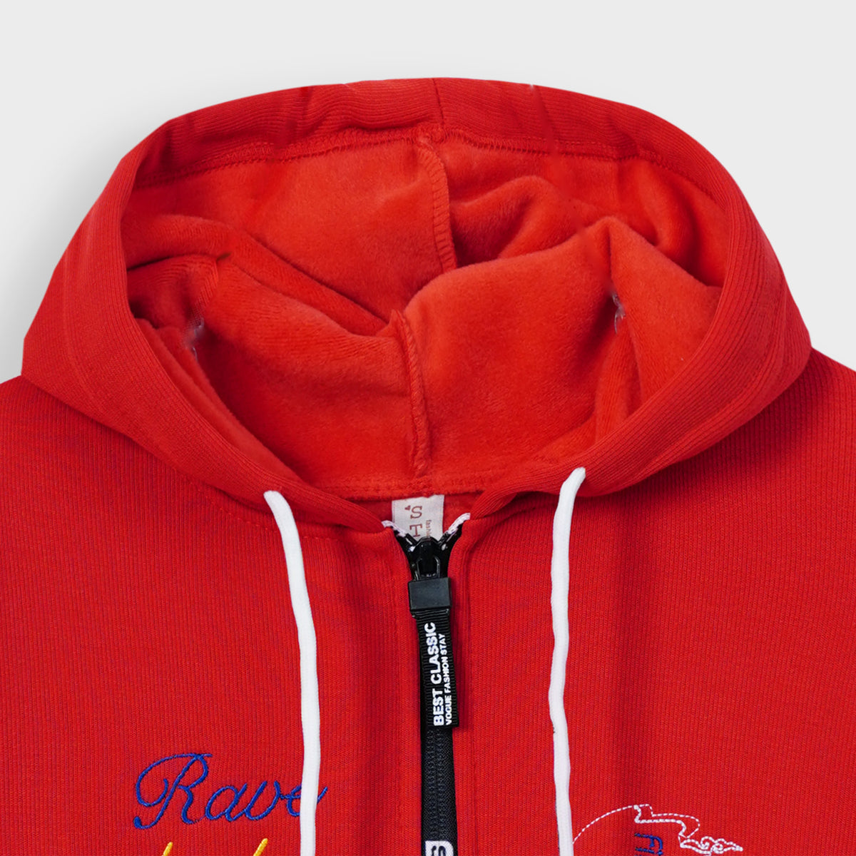 Kids Panel Sleeves Embroidered Fleece Red Zipper Hoodie