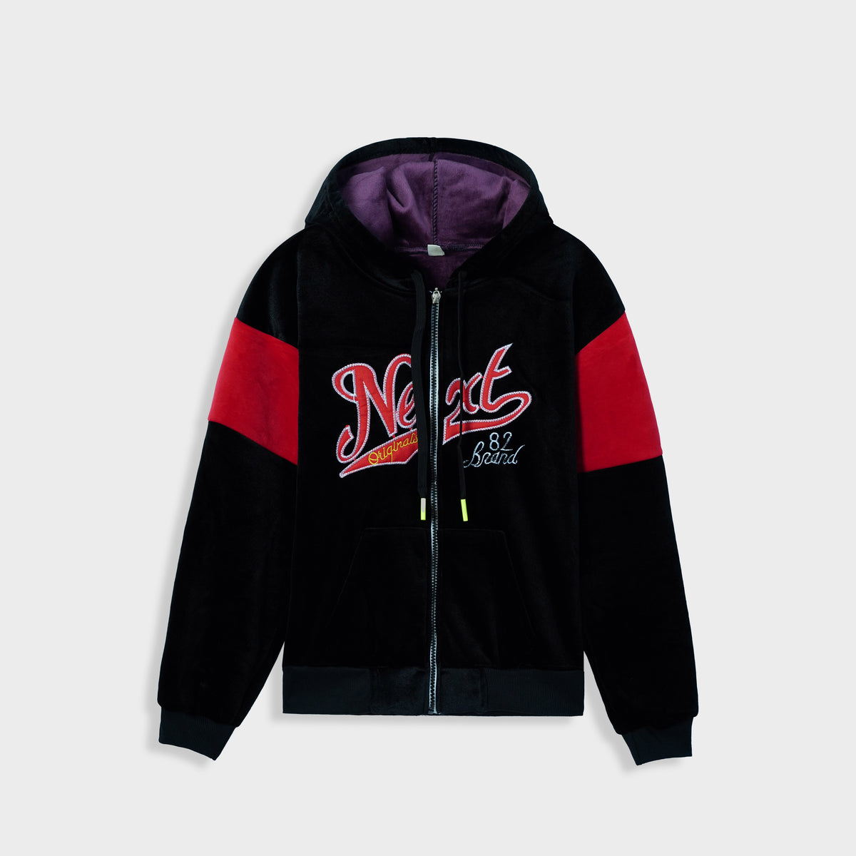 Kids Panel Sleeves Embroidered Velvet Black Zipper Hoodie