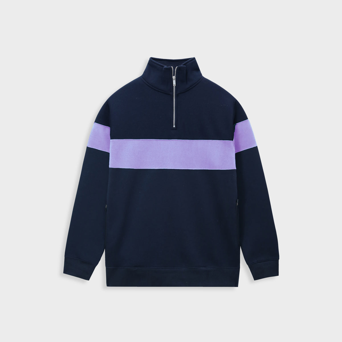 Men Half Zipper Mock Neck Navy Purple Fleece Sweatshirt