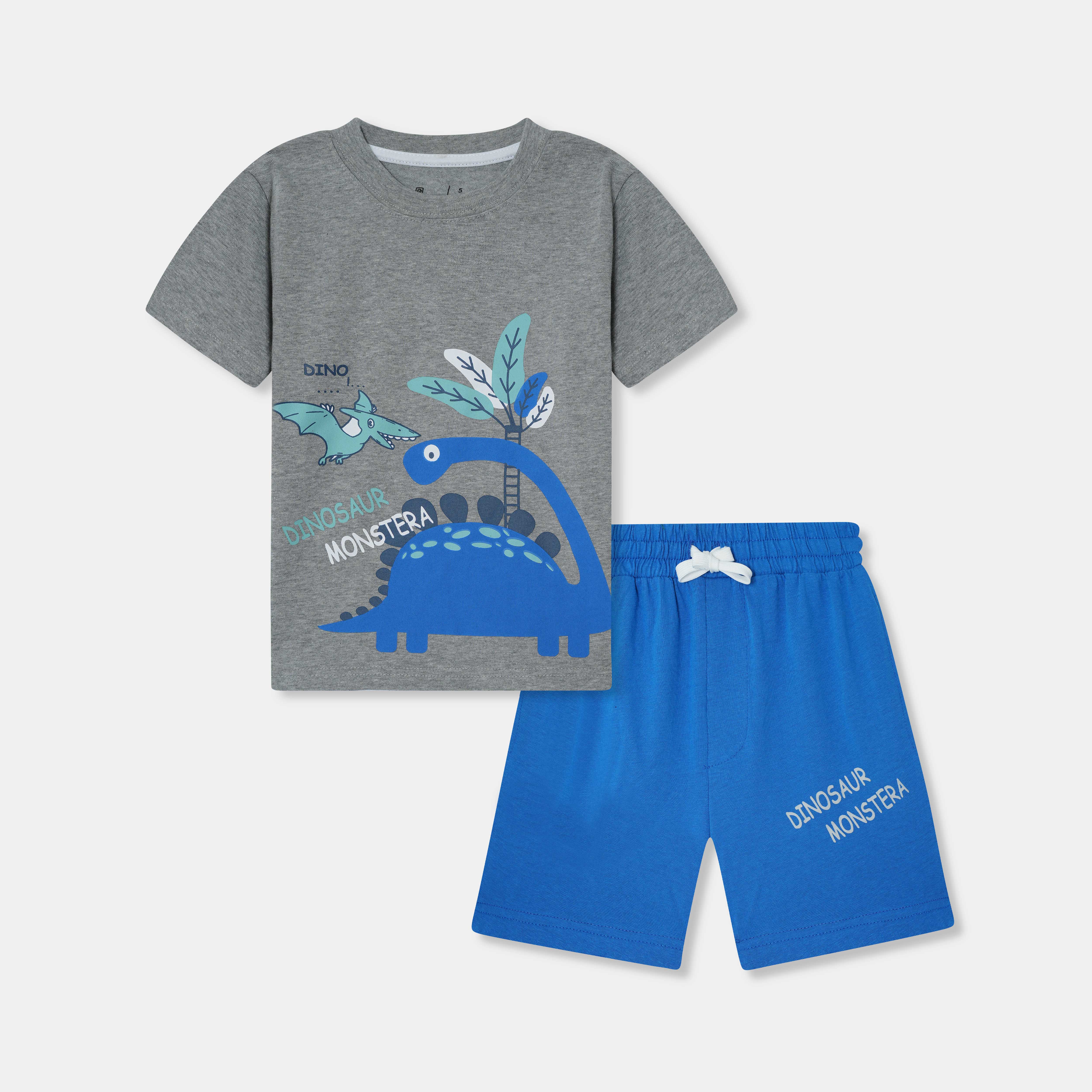 Boys Premium Quality "Monstera" Printed Grey Summersuit with Blue Shorts