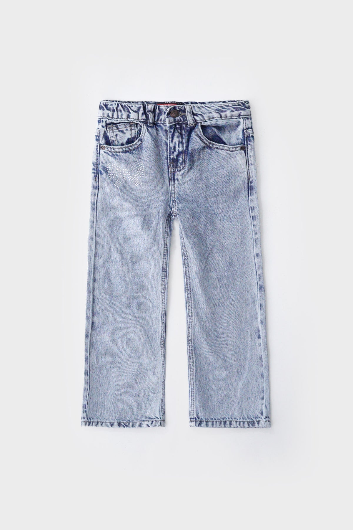 Girls Acid Wash Blue Straight Fit Pants with Rhinestone Bow Detailing