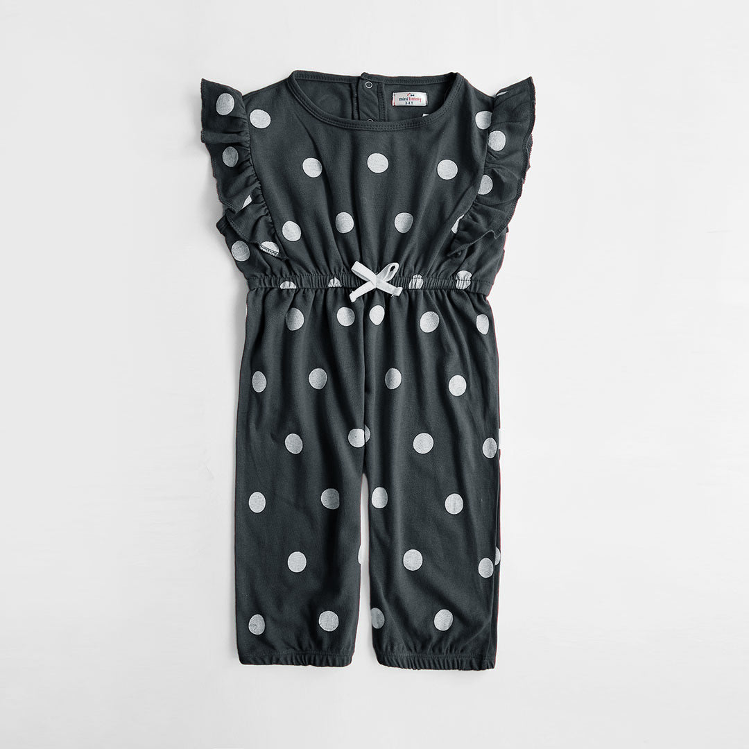 Girs Fashion All Over Polka Dots Printed Charcoal Soft Cotton Frill Jumpsuit