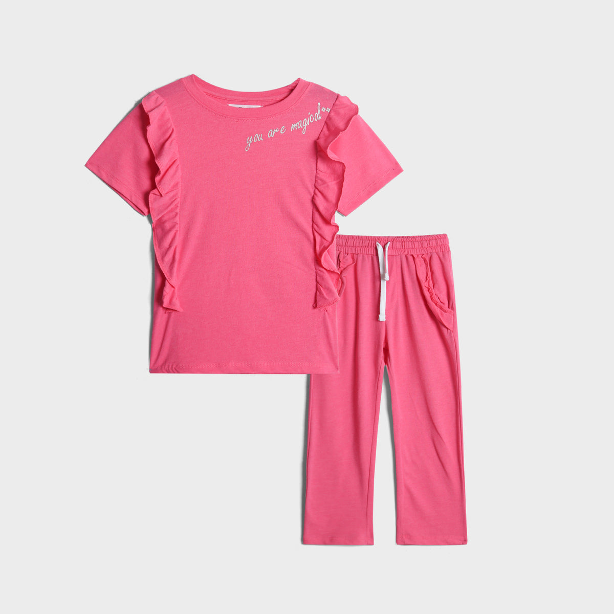 Premium Quality Printed Soft Cotton Pink Frill Suit for Girls