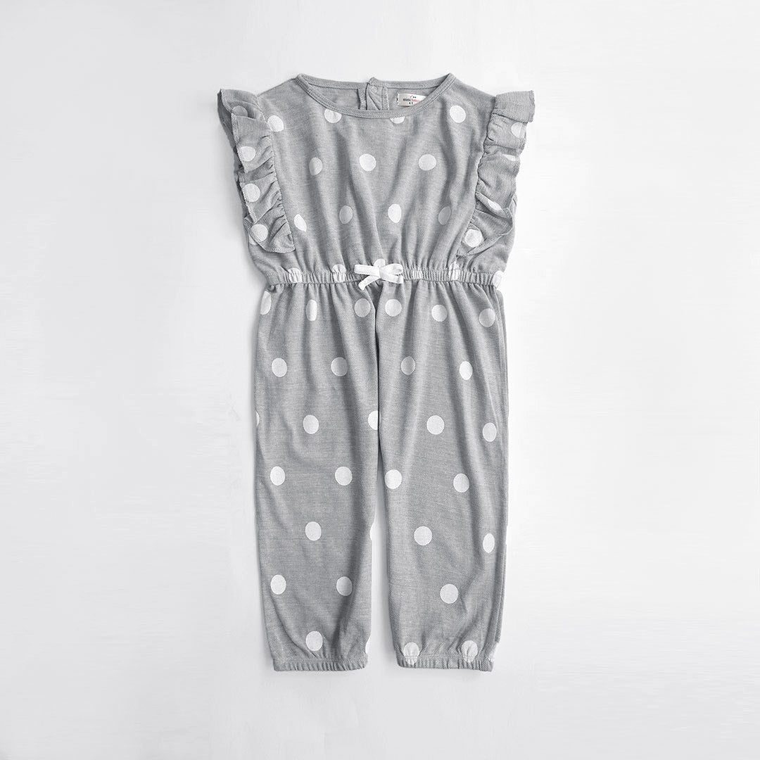 Girs Fashion All Over Polka Dots Printed Soft Cotton Frill Gray Jumpsuit