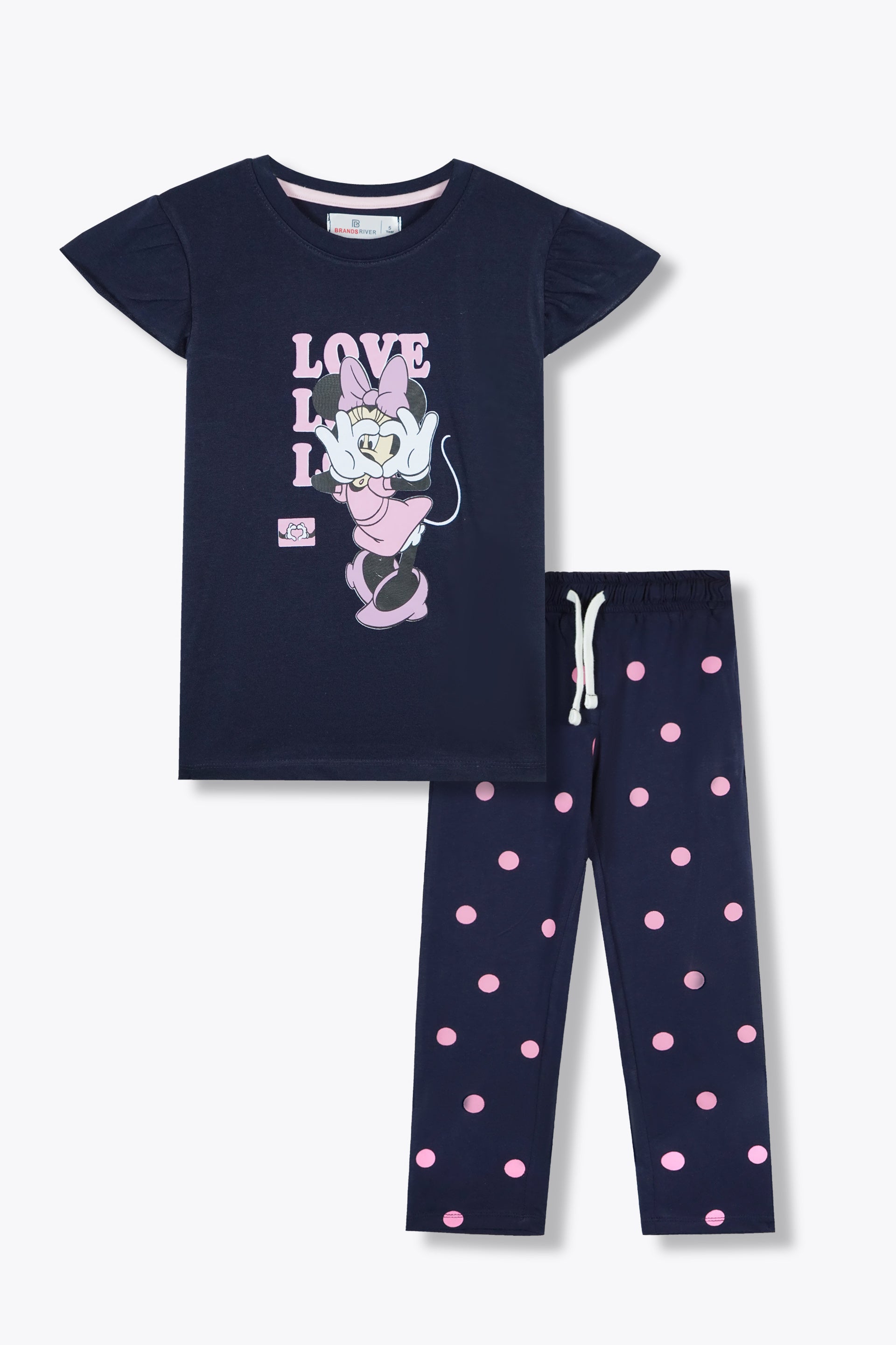 "Love Minnie" Printed Girls Blue Summer suit with Polka dot Trousers