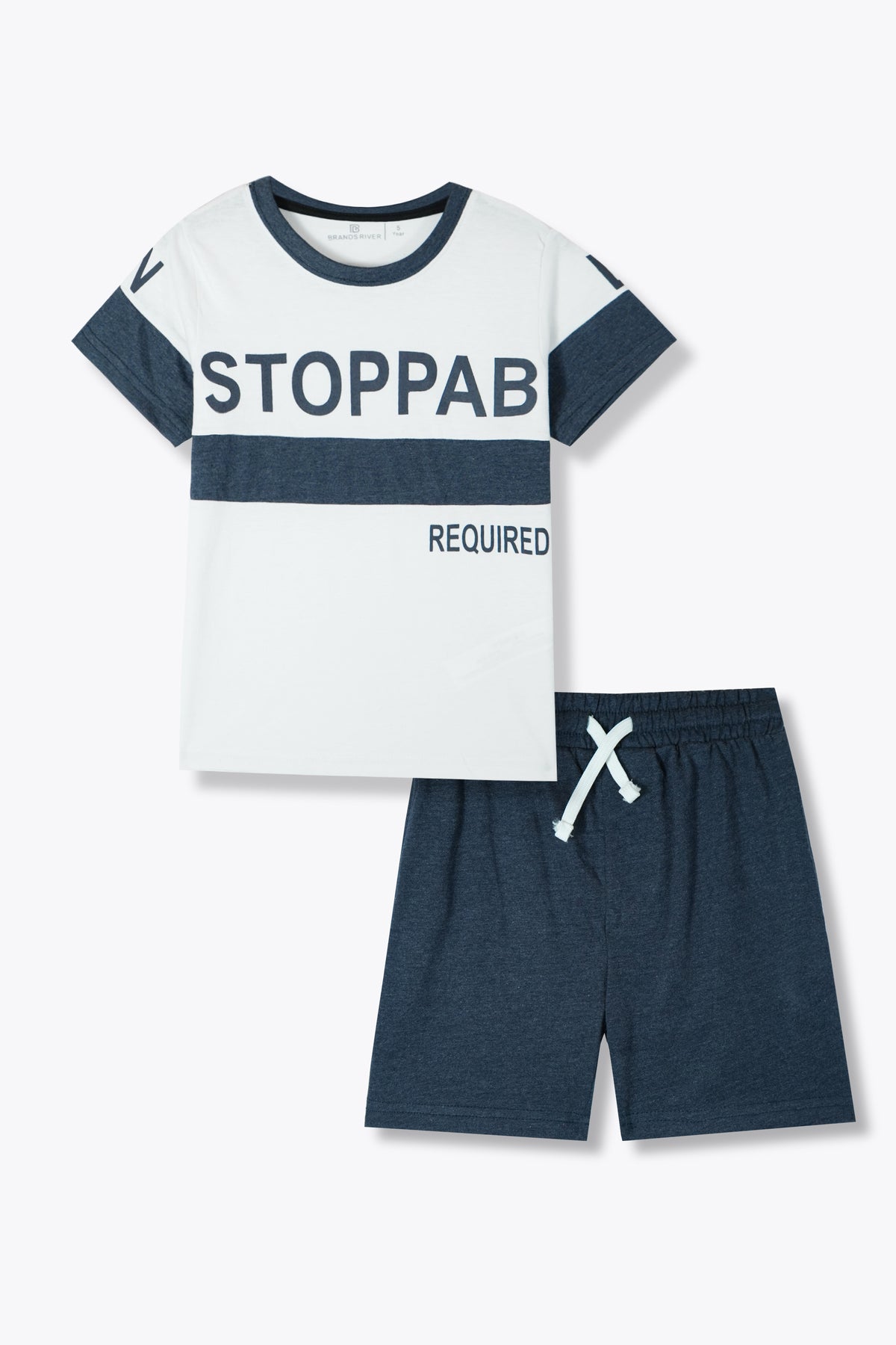 Premium Quality &quot;Stop&quot; Printed White Boys Summersuit with Charcoal Shorts