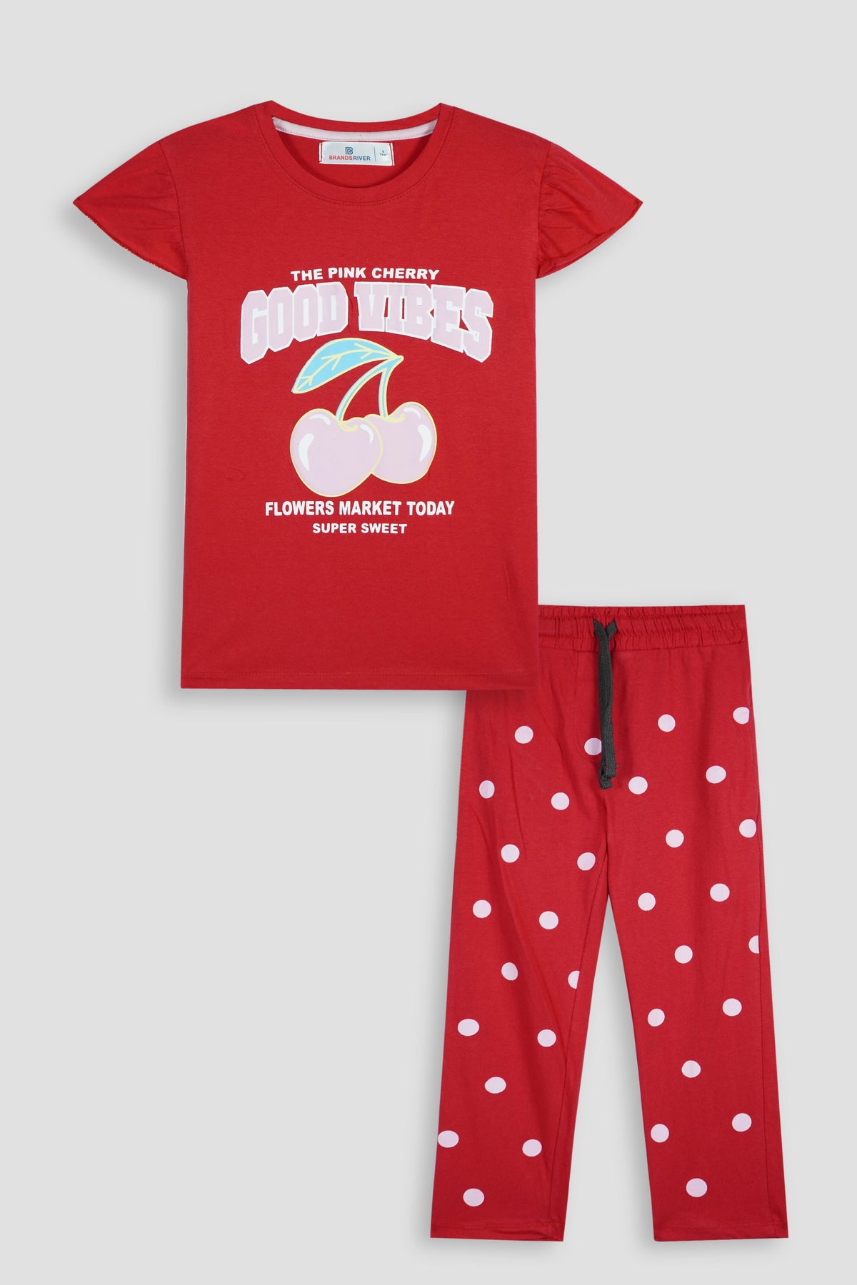 Premium Quality &quot;GOOD VIBES&quot; Printed Girls Summer Suit With Polka Dot  Trouser