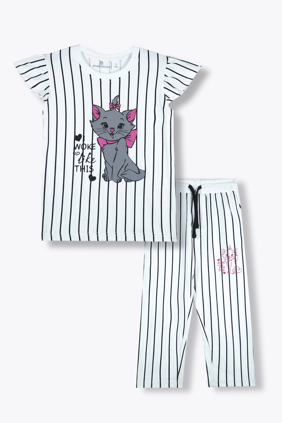 Premium Quality &quot;Kitty&quot; Printed White Striped Girls Summersuit