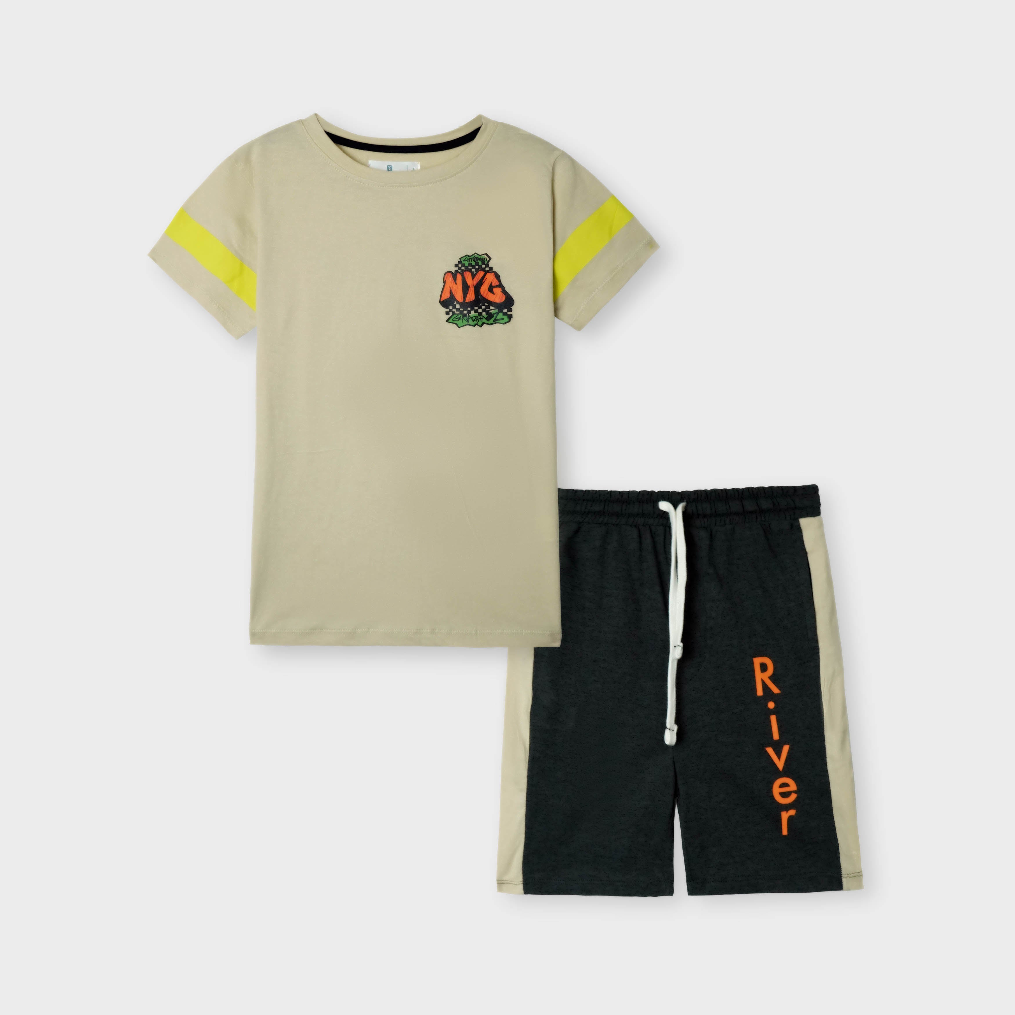 Boys "NYC" Printed Beige Summersuit with Charcoal Shorts