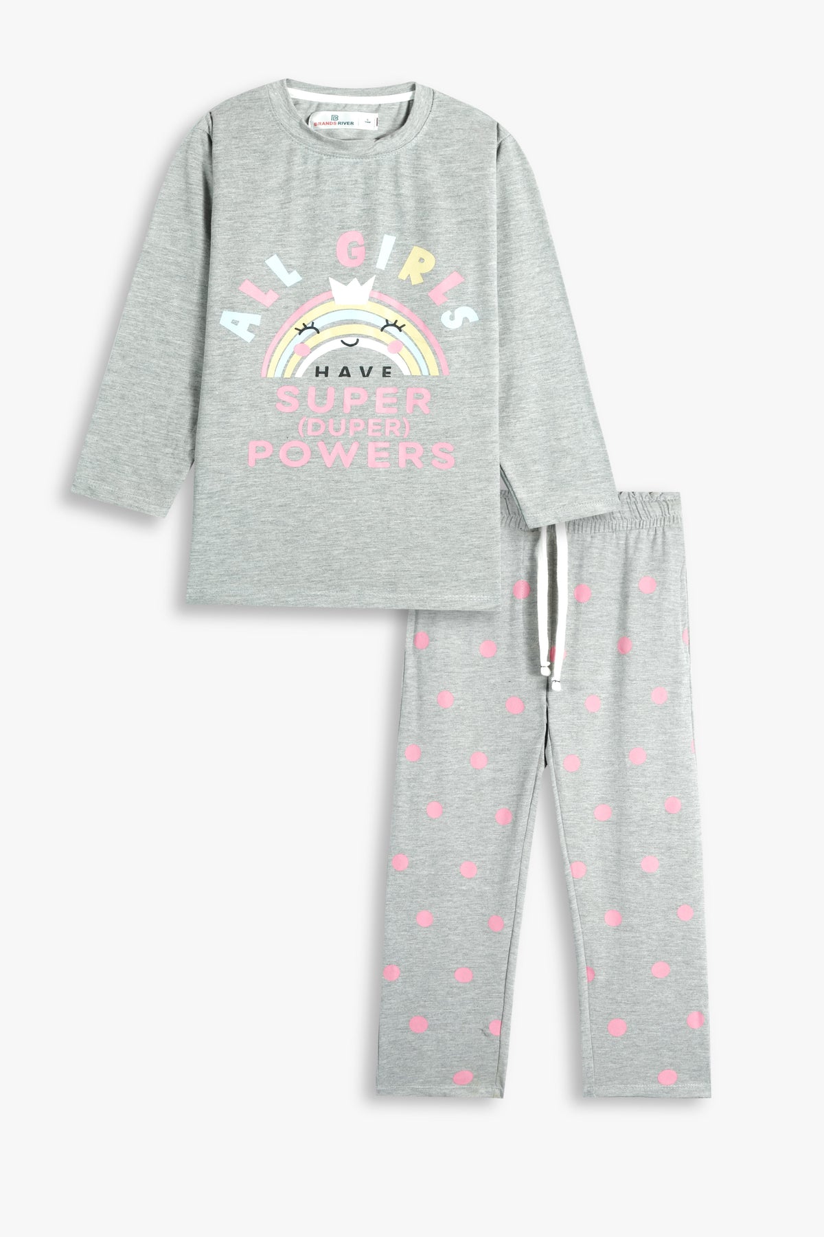 Premium Quailty &quot;Girls Power&quot; Printed Full Sleeves  Grey Summer suit with Polka dot Trouser