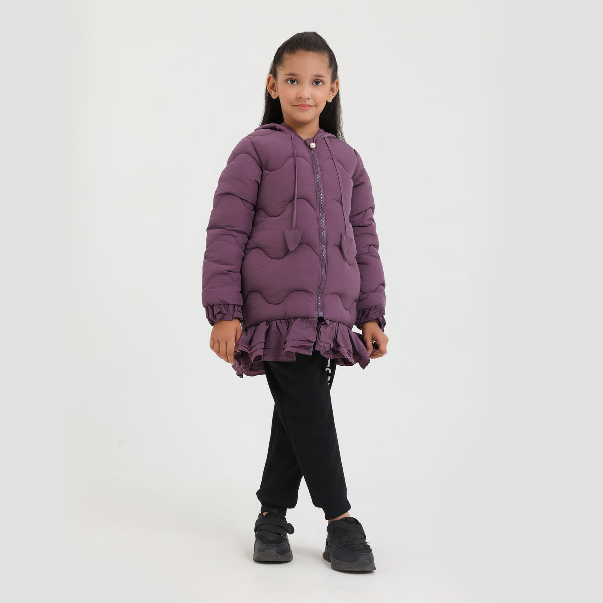 Girls Premium Quality Long Quilted Zipper Hoodie Jacket With Bottom Frill