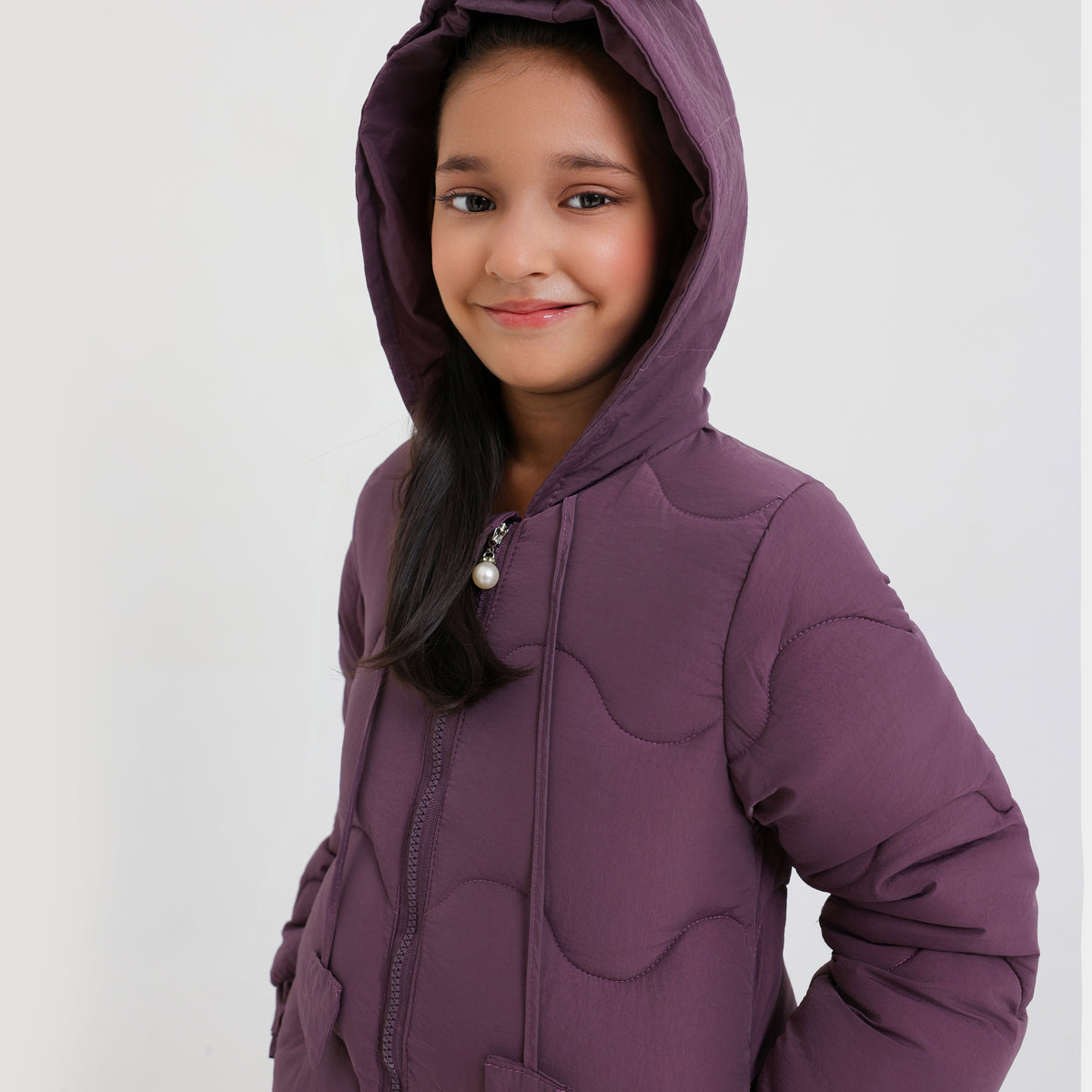 Girls Premium Quality Long Quilted Zipper Hoodie Jacket With Bottom Frill