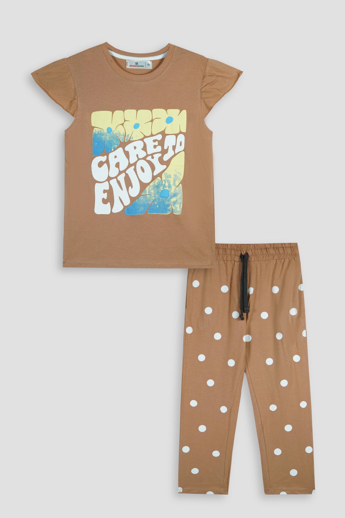 Premium Quality &quot;CARE TO ENJOY&quot; Printed Girls Suit With Polka Dot Trousers