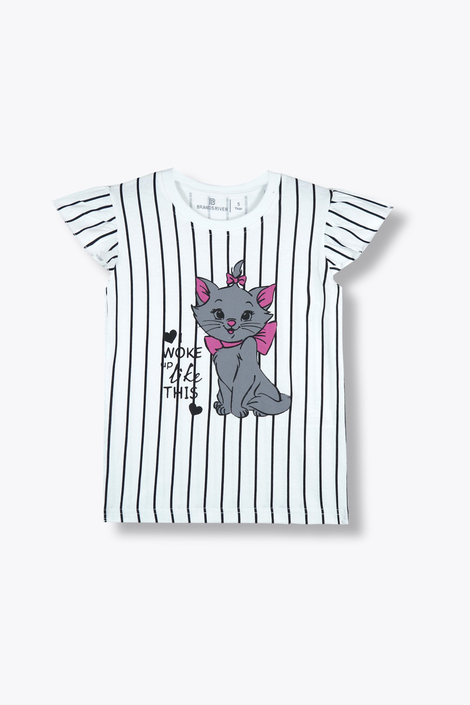 Premium Quality "Kitty" Printed White Striped Girls Summersuit