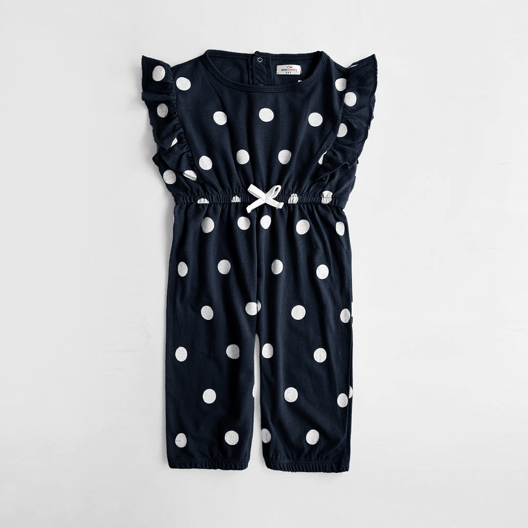 Girls Fashion All Over Polka Dots Printed Dark Navy Soft Cotton Frill Jumpsuit