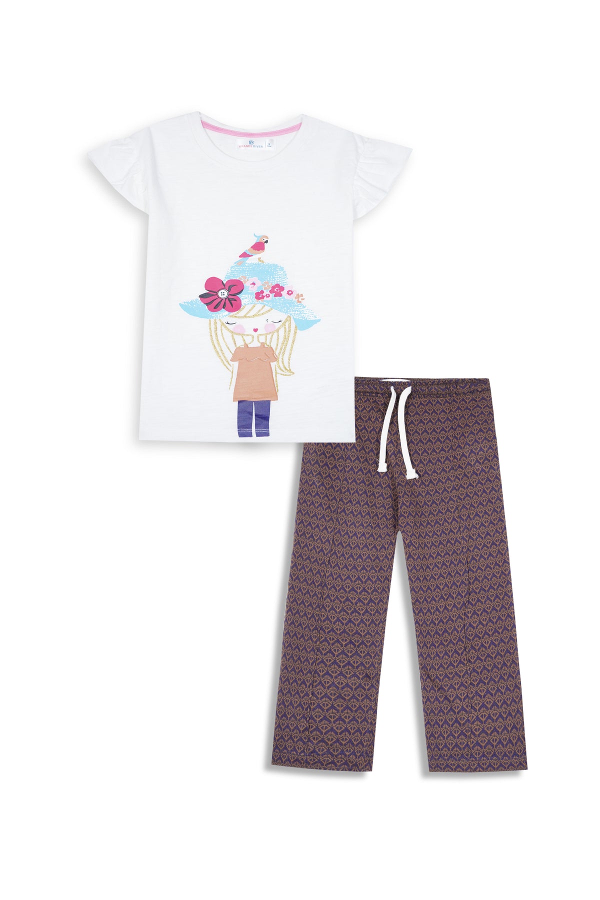 Girl Premium Quality "CaP Girl "Printed Summer Suit With Brown Trouser