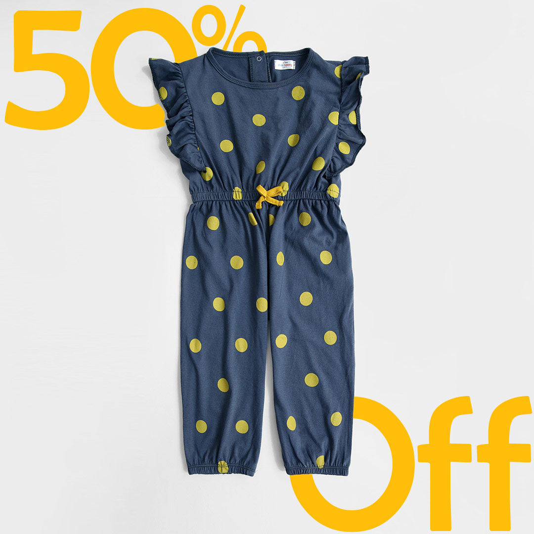 Fashion All Over Polka Dots Printed Soft Cotton Frill Jumpsuit