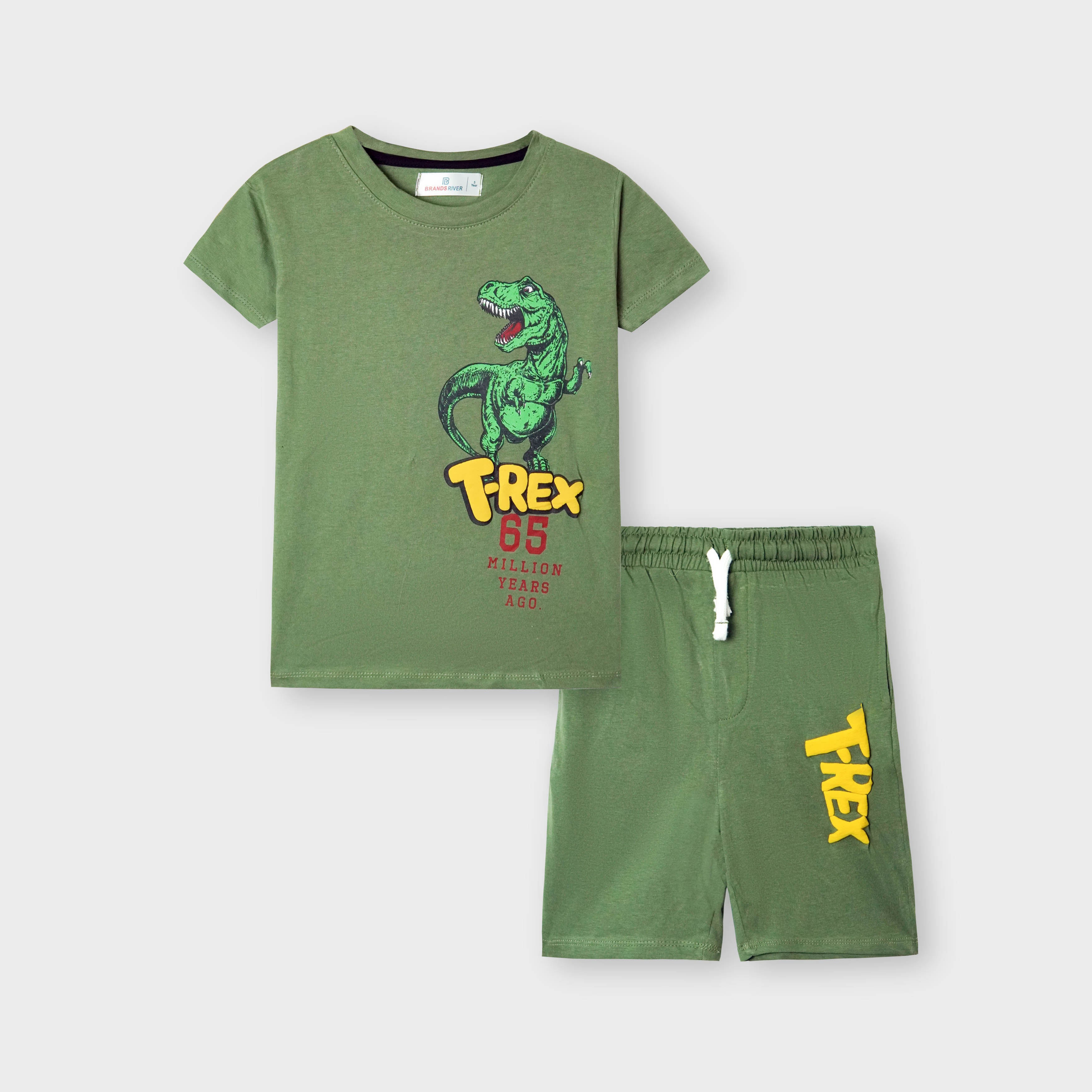 Boys Premium Quality T-Rex Printed Green Summersuit