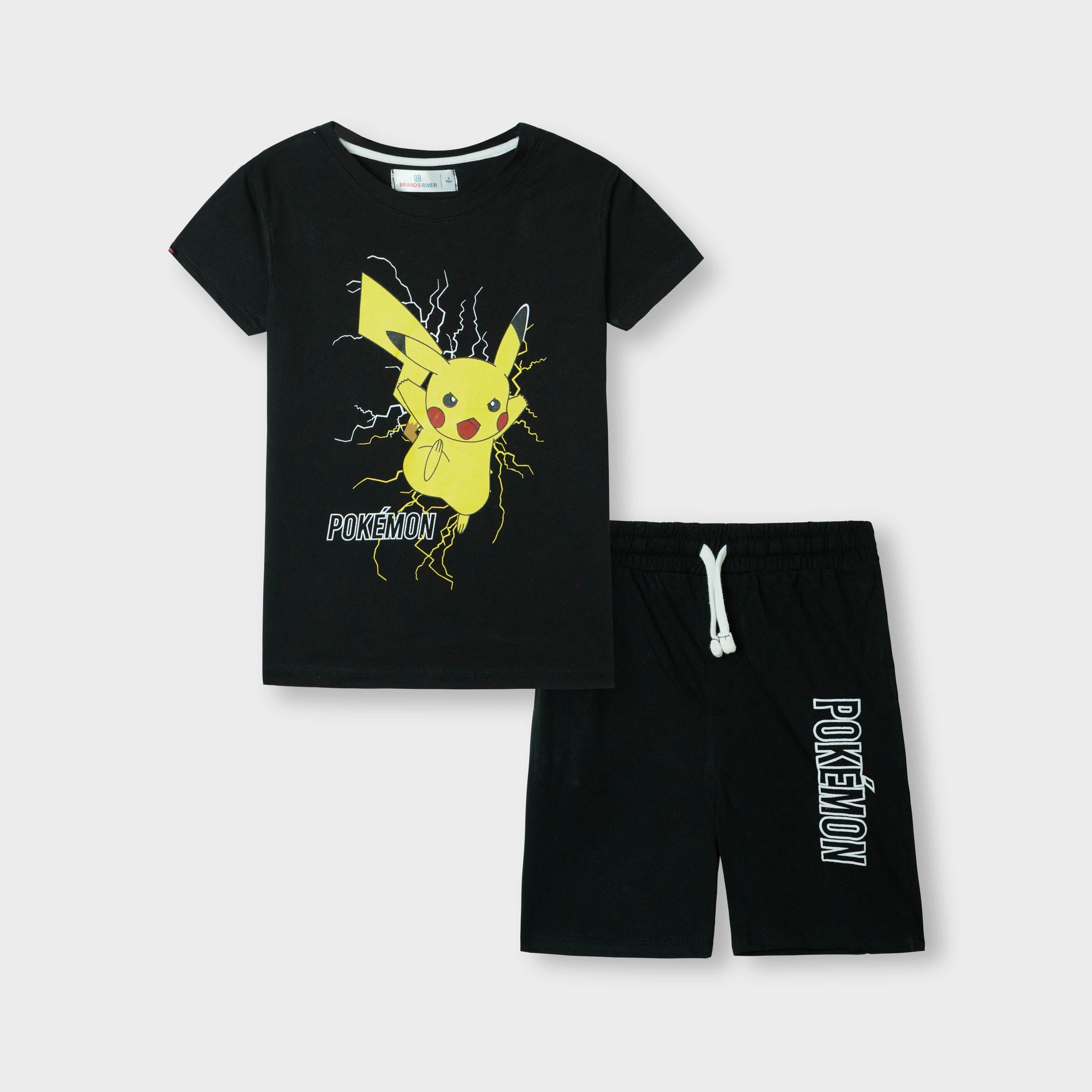 Boys Premium Quality "Pikachu" Printed Black Summersuit