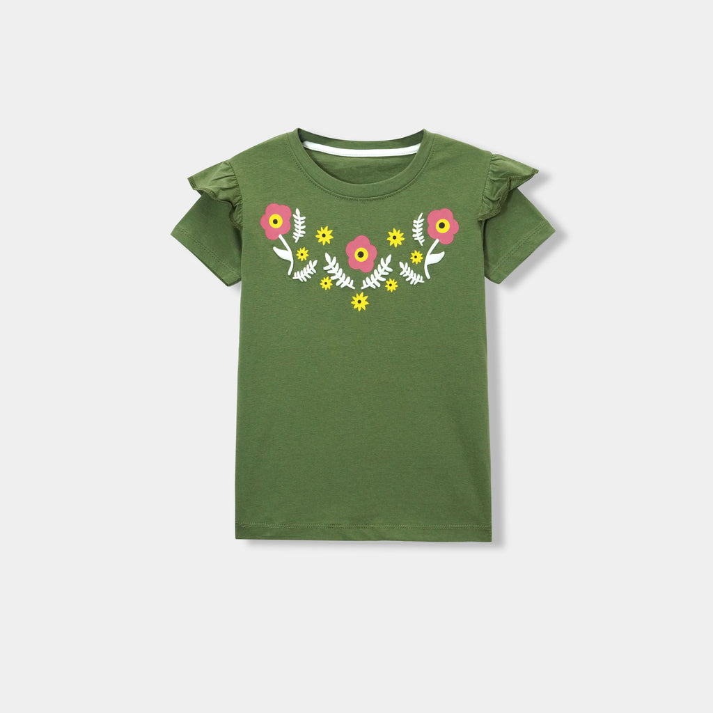 Girls Floral Printed Olive T-Shirt
