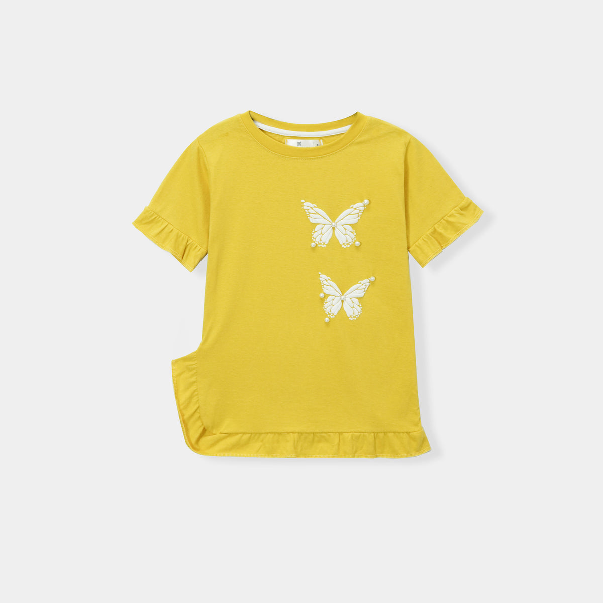 Butterfly Printed Pastel Frilled Yellow Shirt for Girls