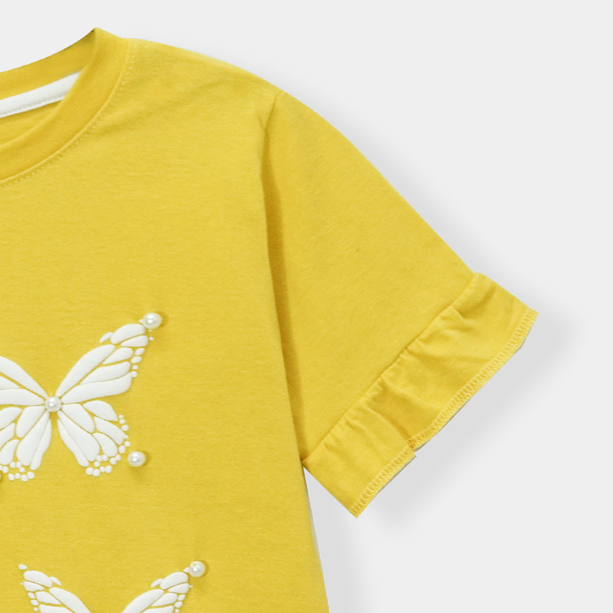 Butterfly Printed Pastel Frilled Yellow Shirt for Girls