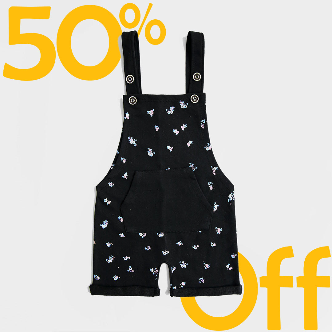 Girls All-Over Printed Soft Cotton Black Dungaree