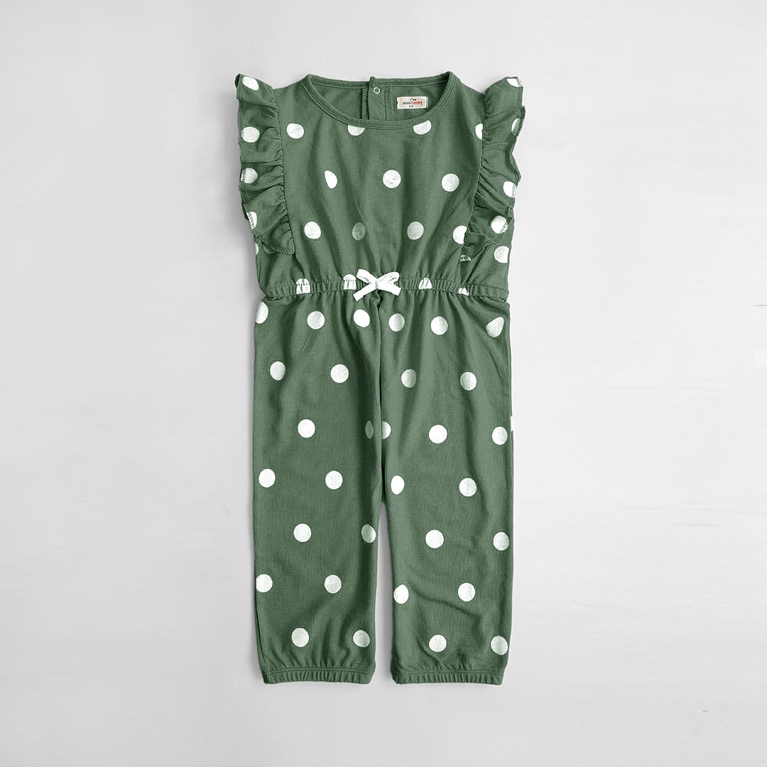 Girs Fashion All Over Polka Dots Printed Soft Cotton Frill Green Jumpsuit