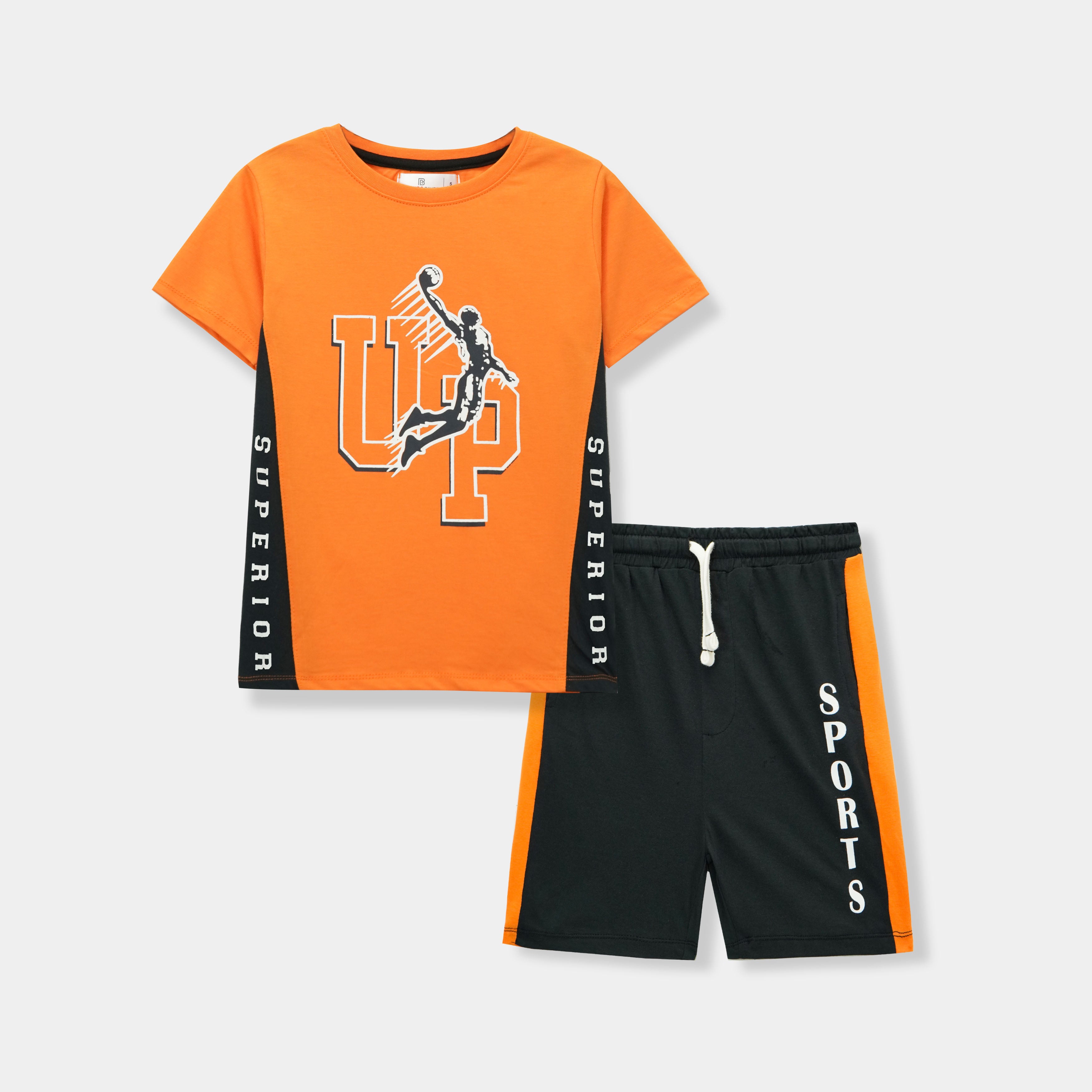 Boys Cut & Sew "Basketball" Printed Orange Summer Suit