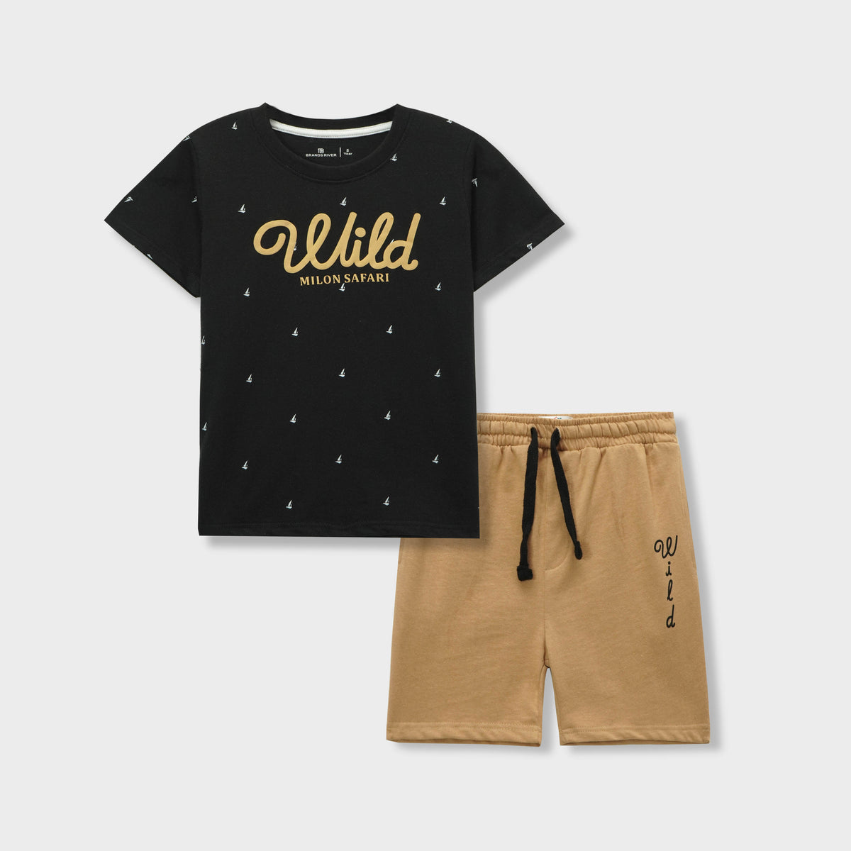 Boys Black &#39;Wild&#39; Printed Boys Summer Suit with Khakee Shorts