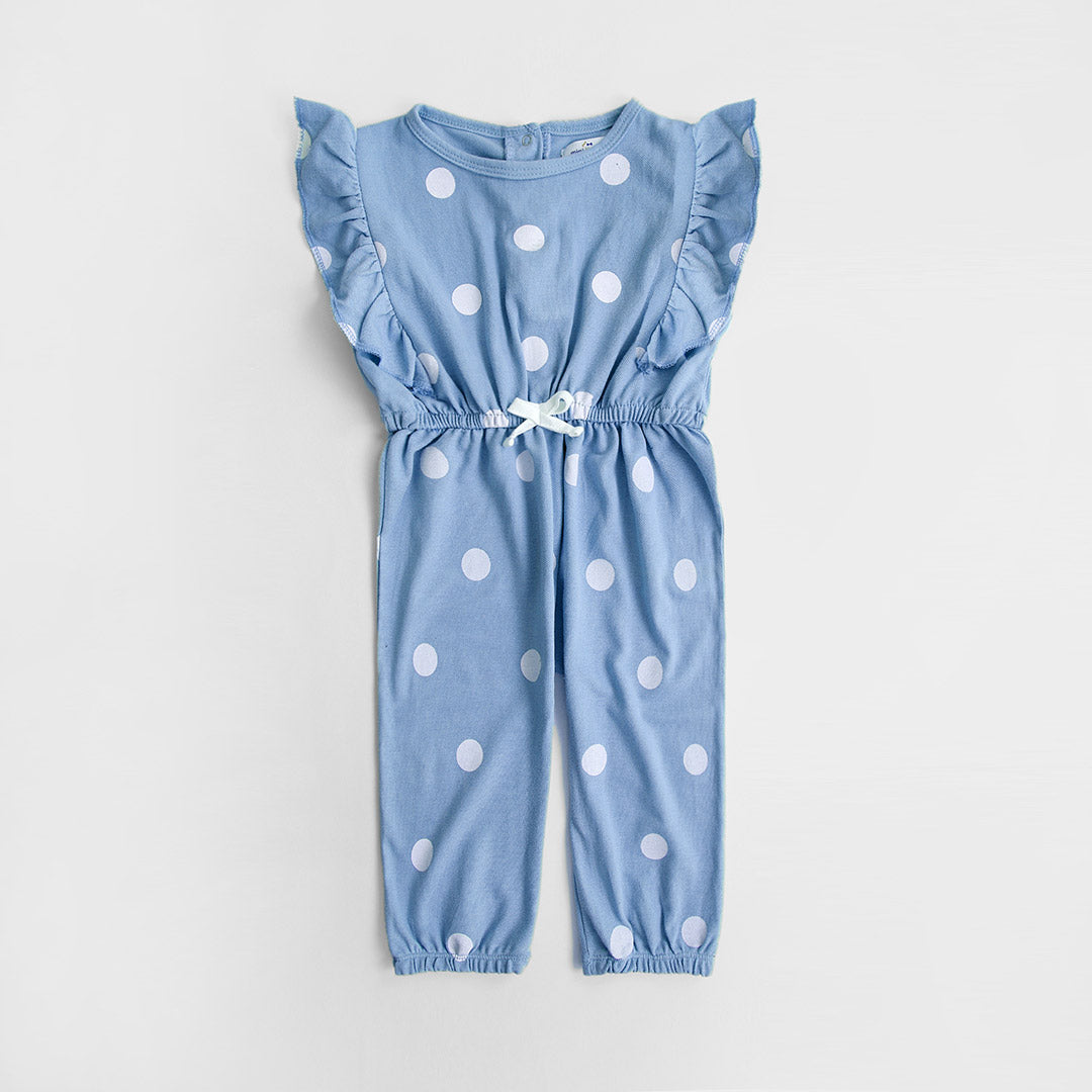 Girls Fashion All Over Polka Dots Printed Soft Cotton Sky Blue Frill Jumpsuit