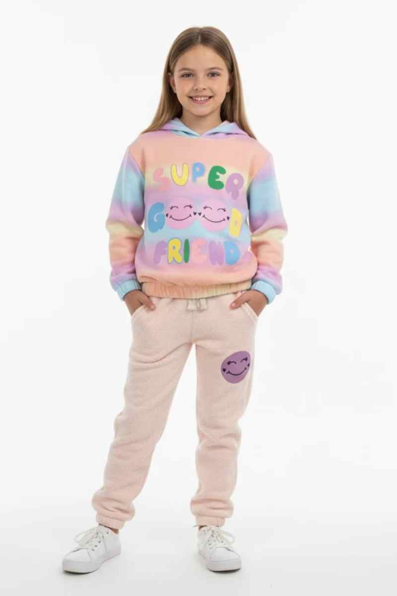 Premium Quality "GOOD Friend" Printed Fleece Pullover Rainbow Hoodie Suit For Girls