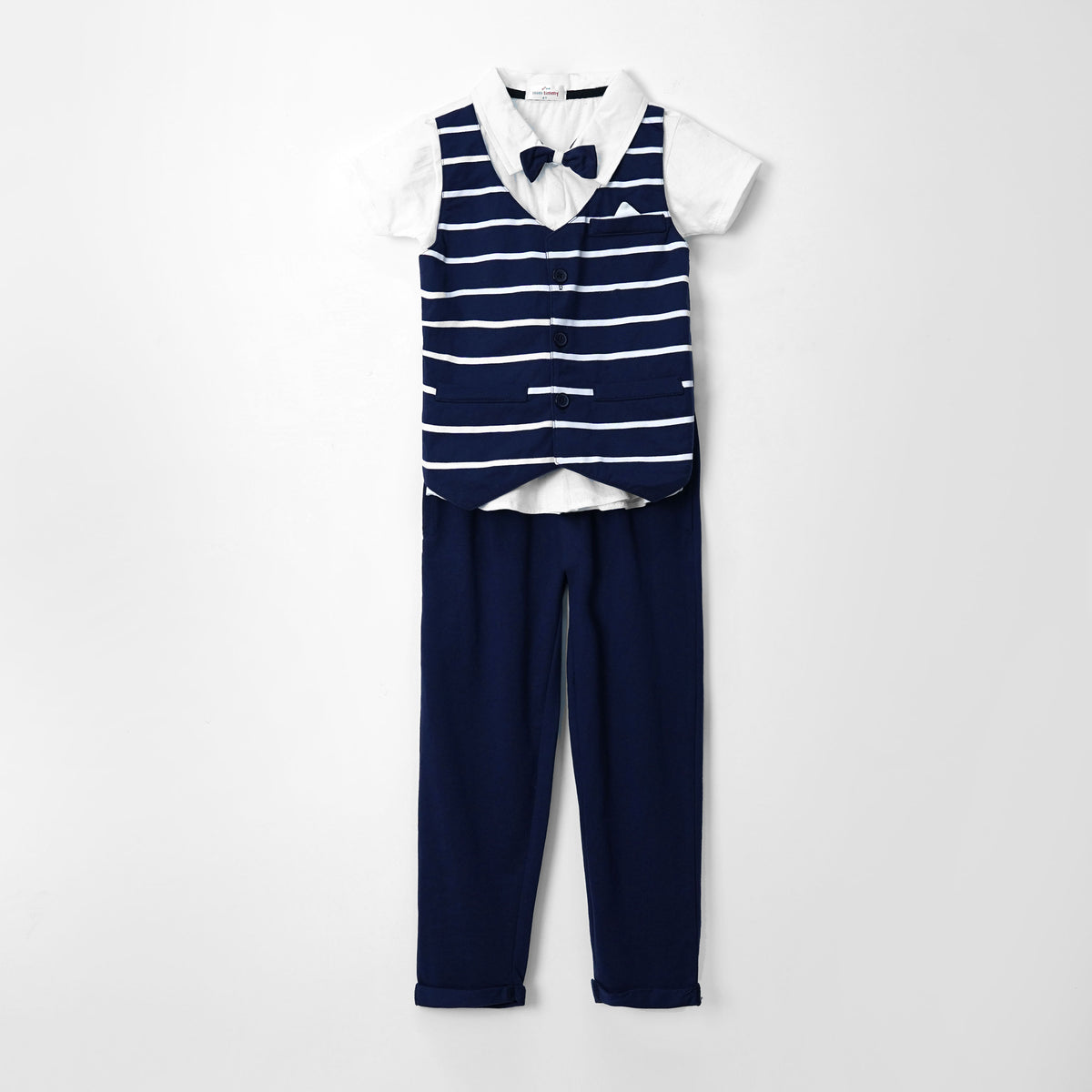 Boy Short Sleeve 2 Piece Blue Party Suit With Bow Tie