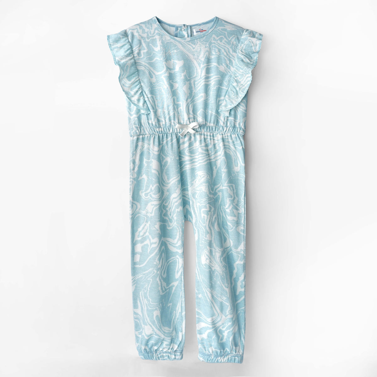 Girls All-Over Printed Soft Cotton Sky Blue Frill Jumpsuit