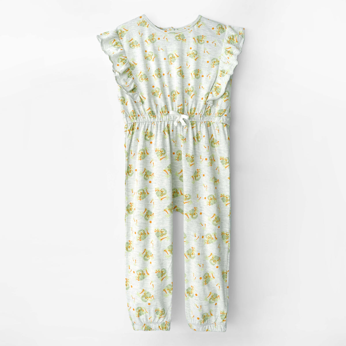 Girls All-Over Printed Soft Cotton Heather Grey Frill Jumpsuit