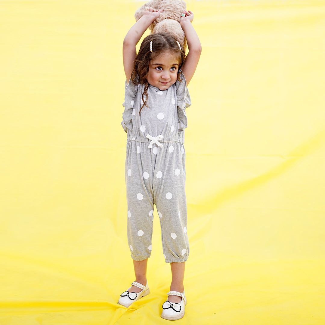 Fashion Allover Polka Dots Printed Soft Cotton Grey Frill Jumpsuit