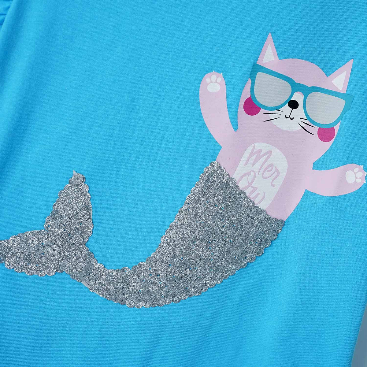 Girls Fashion Cat Printed Soft Cotton Frill T-Shirt